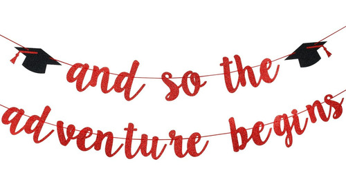 And The Adventure Begins Banner Red Glitter- Decoracion 2022