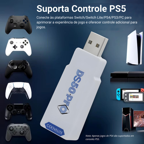 Adaptador Bluetooth Ds50 Pro Controlador Gamer Ps5 Ps4 Xbox One Pc Compatível Controle Sem Fio Wireless Console Jogos Acessório Universal