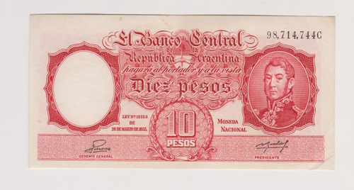Billete Argentina 10 $ Bottero 1946 Año 1954 Muy Bueno + (Usado)