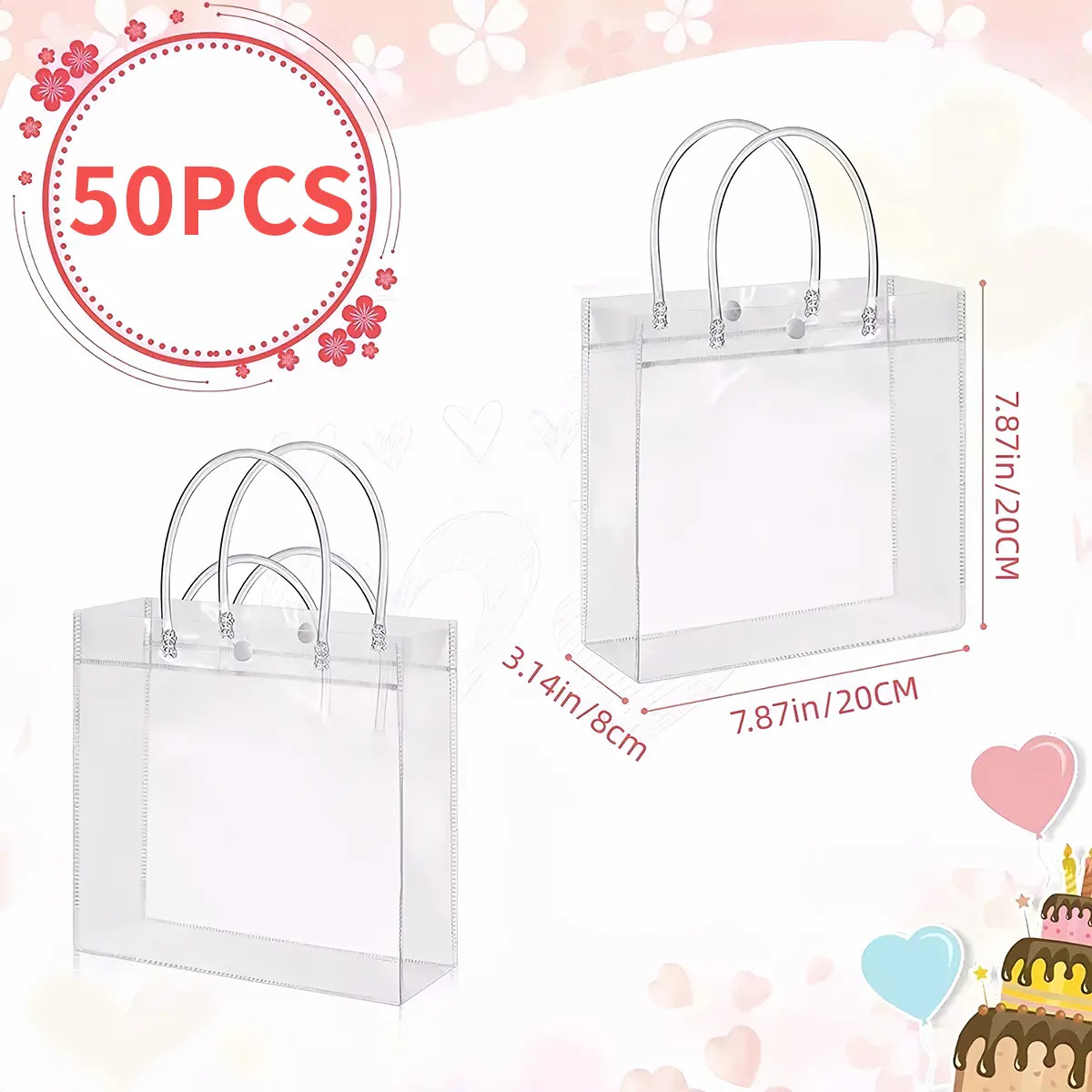 50 Bolsa Con Asa Transparentes Boda Bautizo Recuerdos