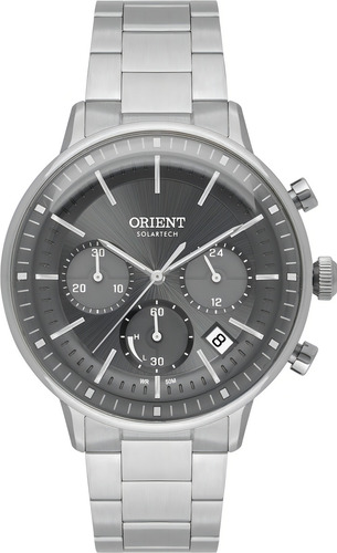 Relógio Orient Solartech Cronógrafo Masculino Mbssc265 G1sx Correia Prateado Bisel Prateado Fundo Preto