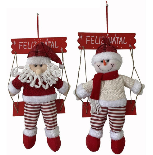 Dupla Bonecos Natalinos Sentado No Balanço Placa Feliz Natal