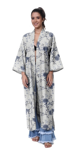 Kimono Haori Longo Oriental Kitsune Japão Floral Tigre Flor