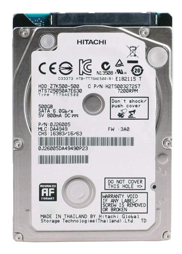 Disco duro interno Hitachi Travelstar HTS725050A7E630 500GB