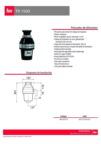 TR 1500 ⋆ Triturador de alimentos bajo fregadero marca Teka 40197310