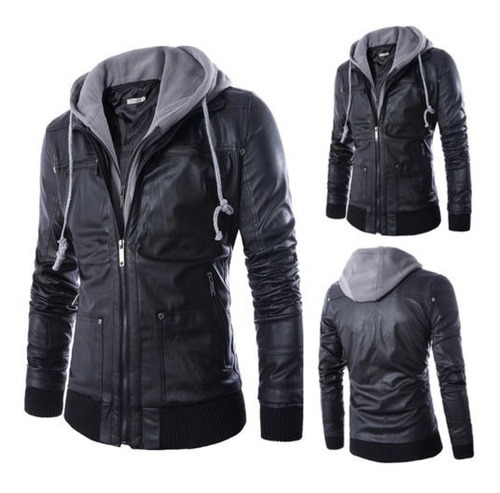 Chaqueta Negra Hombre Cuero Pu Motorcycle Style Biker Hoodie