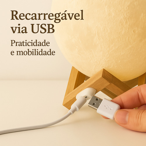 Luminária Lua Cheia 3d Rgb Led Controle Touch Usb Marrom Branco