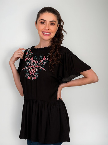 Blusa Moda Mujer Bordado Bluson Cuello Tejido E811