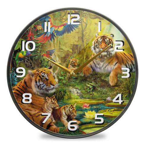 Reloj Redondo 30 Cm Temática Bosque Loro Tigre Pilas Rústico