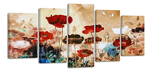 Wieco Art - Blooming Poppies, 5 Piezas, Modernas, Estiradas 