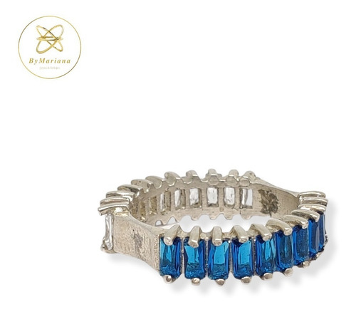 Imagen 3 de 8 de Anillo Plata Doble Con Piedras Baguette Blancas Y Turquesa