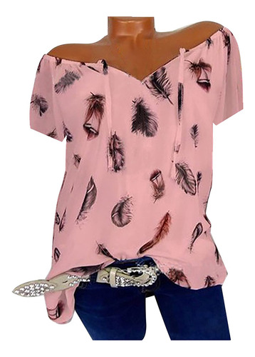 Blusa Manga Corta Cuello V Estampado Moda Para Mujer