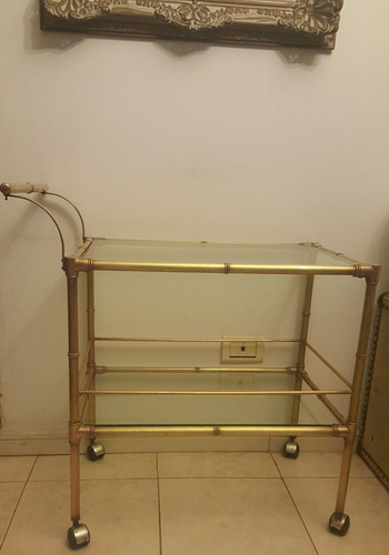 Antigua Mesa Carro Bar Auxiliar Bronce Doble Plano Vidrio (Usado)