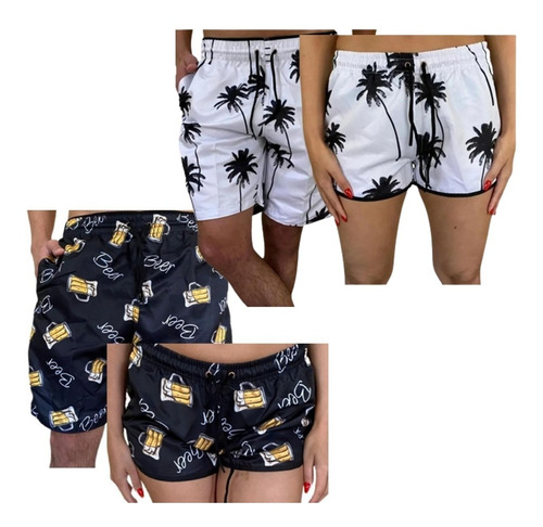 Kit Casal Com 4 Shorts Moda Praia Masculino E Feminino Top