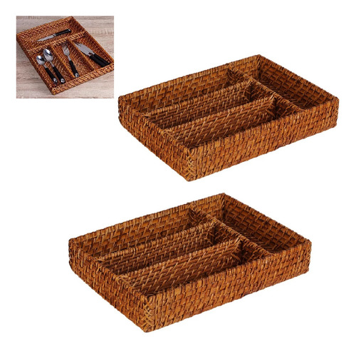 2 Porta Talheres Rattan 4 Divisórias Cozinha 34x24cm Luxo