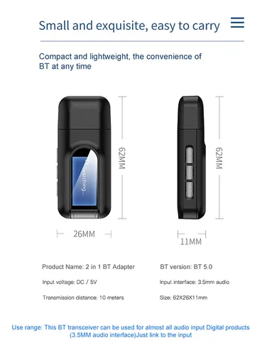 Transmisor Receptor 2 En 1 Usb Bluetooth 5.0 Con Lcd