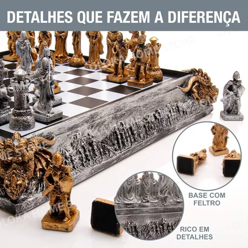 Jogo De Xadrez Tematico + Tabuleiro Medieval Imperial Resina - R$ 389,9