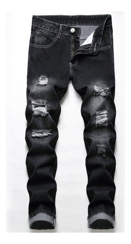 Jeans De Hombre Rasgados Pantalones Vaqueros Negros De Gran