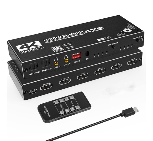 Matriz Hdmi 4x2 Switch Splitter 4k Spdif Extractor Audio