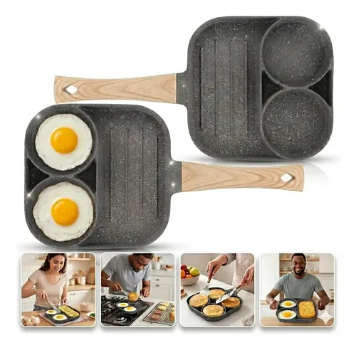 Frigideira Antiaderente 3 em 1 Cozinha Ovos Hambúrguer Carne Quadrada Fogão Indução Compacta Alumínio 17cm Preto Marca Topyhome