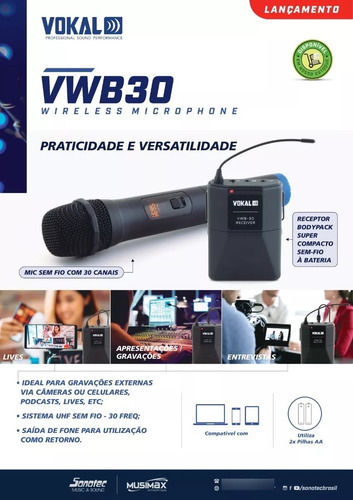 Microfone Sem Fio 1 Mão Vokal Vwb30 Gravação Externas Camera