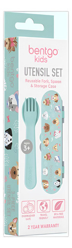 Bentgo Kids Set Cubiertos De Plastico Con Estuche Perritos Color Agua