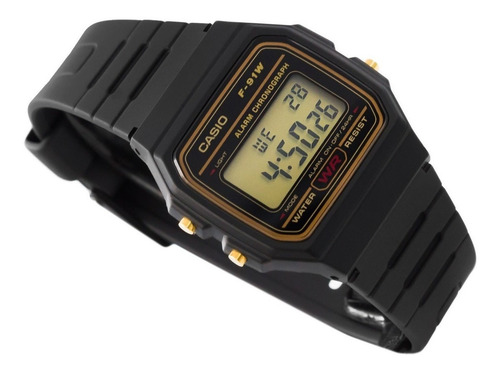 Reloj de pulsera Casio Collection F-91 de cuerpo color negro, digital, fondo dorado, con correa de resina color negro, dial negro, minutero/segundero negro, bisel color dorado y hebilla simple