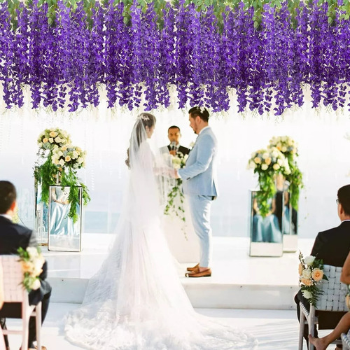 24pzs Flores Artificial Wisteria Decoración Fiesta Boda 1.1m Lila