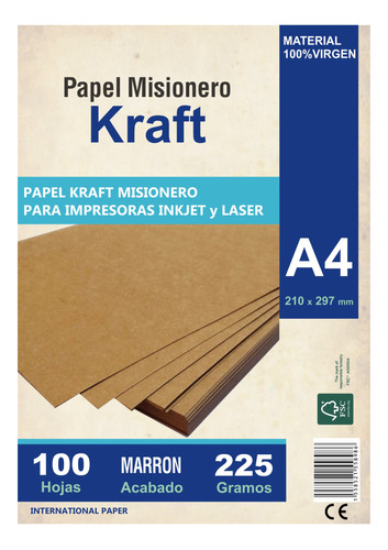 Papel Kraft A4 Misionero 225 Gr Resma 100hojas Madera Marron