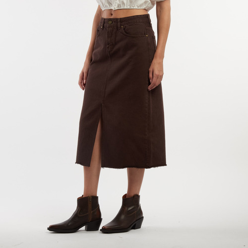 Pollera Mujer Kevingston New Midi Iv Tiro Alto Denim Marrón