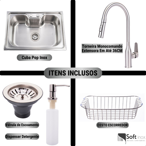 Kit soft inox cuba pia cozinha gourmet aço inox 60x40 con torneira escovada monocomando e acessórios