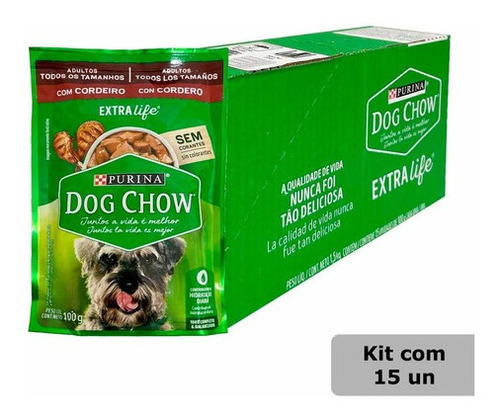 Kit Caixa 15 Sachê Dog Chow Cães Adultos Td Tam Cordeiro100g