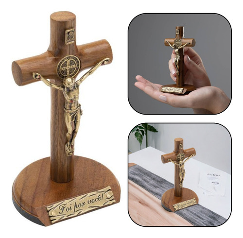 Crucifixo Parede E Mesa Cilíndrico São Bento Dourado 17 Cm
