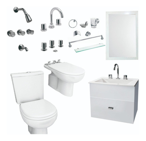 Combo Baño Vanitory 50cm Set 7 Pz  Griferia Espejo Inodoro