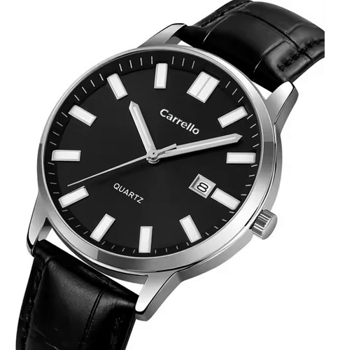 Reloj Analógico Carrello 52 Malla Negra Caja Plateada Malla Negro Bisel Plateado Fondo Negro