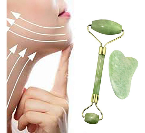 Massageador Rolo Jade + Espátula Facial Jade Gua Sha