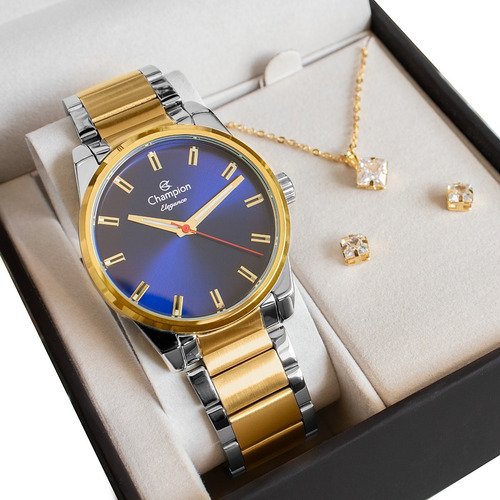 Relógio Champion Feminino Dourado Azul + Colar E Brincos