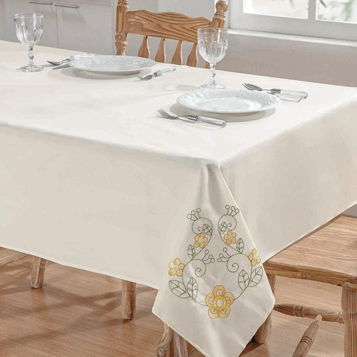 Toalha Mesa Bordada Palha Dália Flor Amarela 2,20m X 1,40m