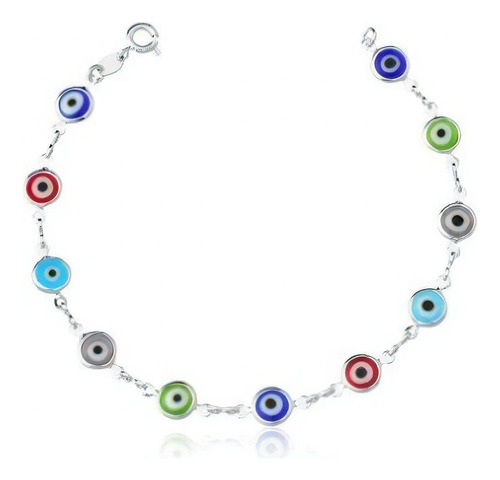 Pulseira Olhos Gregos Coloridos Prata De Lei 925 Comprimento 18 Cm