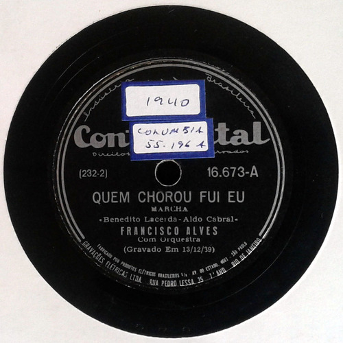 78 Rpm Francisco Alves 1952 Selo Continental 16673