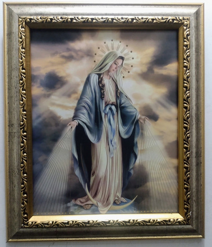 Virgen De  La Medalla Milagrosa 30 X 25 En Marco Plata Y Oro