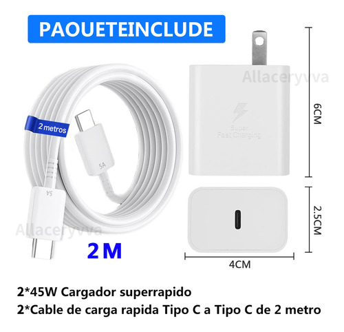 Allaceryvva® 45 W Cargador2 Piezas Super Rápida Charge Type C With 2 Metros 5a Cable para Samsung S25 Ultra S24 Ultra S23 Ultra S22 Ultra Para iPhone 15/16 Pro Max