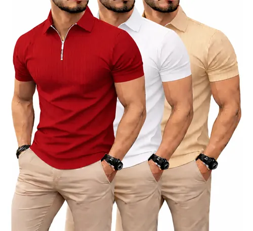 Kit 3 Camiseta Polo Manga Curta Com Zíper Masculina Canelada