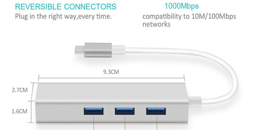 Hub Usb C Adaptador Zapatilla 3 Puertos Usb 3.0 + Rj45 Alumi