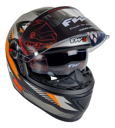 Capacete Fw3 Gtx Rapid Preto Laranja Com Oculos Interno Fume