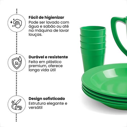 Kit Jarra Com 4 Pratos + 4 Copos 200ml P/ Refeição Sobremesa