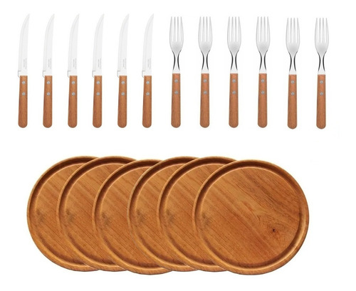 Set Asado X6 Platos Madera Con Juego De Cubiertos Tramontina