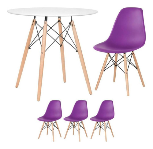 Kit Jantar Cozinha Eames Mesa 80 Cm 3 Cadeiras Eiffel Cores Cor Mesa Branco Com Cadeiras Roxo