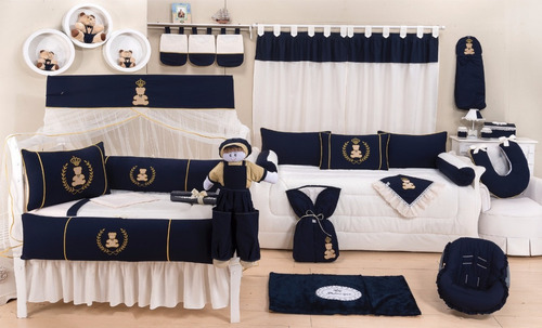 Kit Protetor Berço Americano Menino Azul Marinho Urso 10 Pc