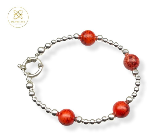 Imagen 1 de 5 de Pulsera Plata Bolitas Y 4 Piedras Rojas Cierre Marinero